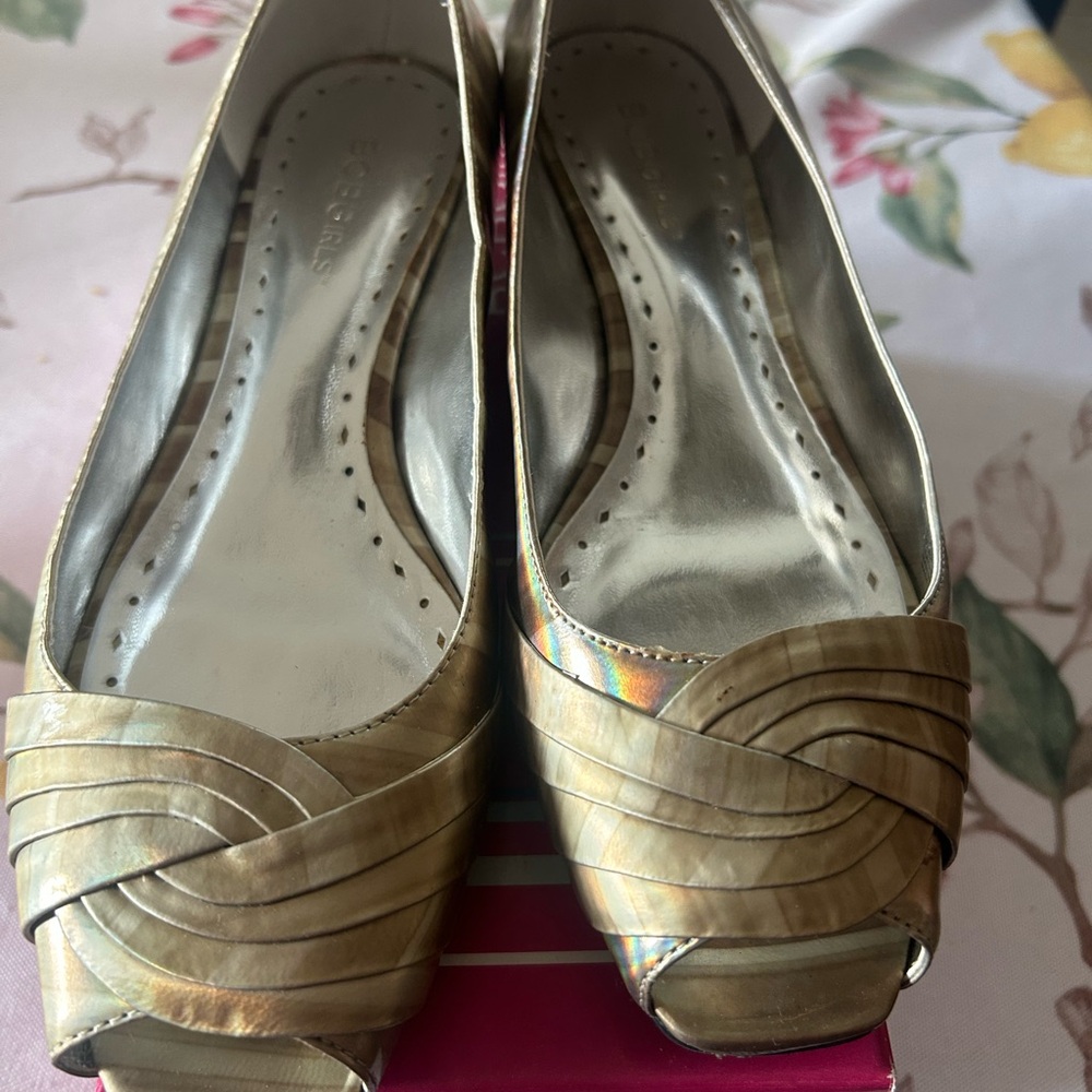 BCBGirls Gold Metallic Peep-Toe Heels